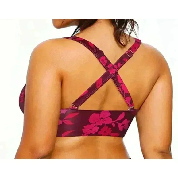 Yonique Plus Size V Neck Criss Cross Back Red Flower Bikini Top NWT Size 18W - Picture 2 of 9